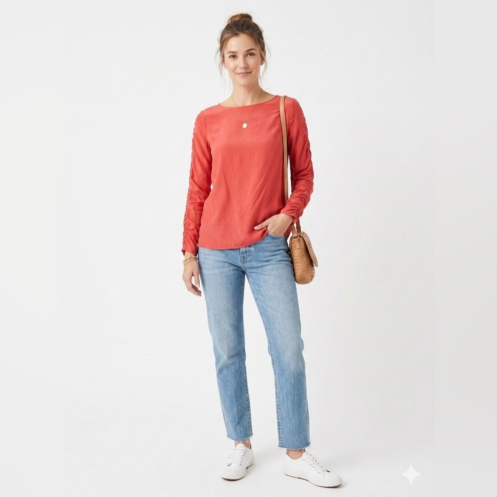 Antonio Melani 100% Silk Coral Blouse Size Small Ruched Shoulder Top